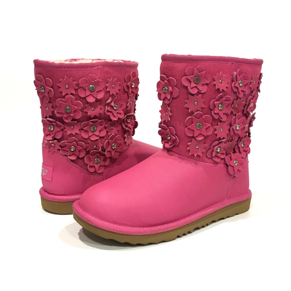 UGG CLASSIC SHORT II PETAL BOOTS -PINK AZALEA LEATHER -BIG KIDS US 5 -NEW